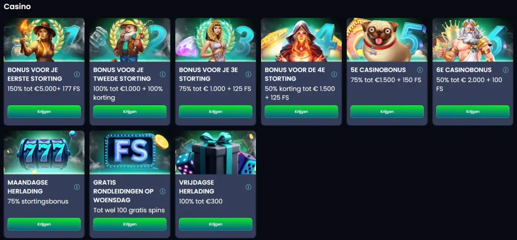 MegaBet Casino bonussen overzicht met stortingsbonus en reload acties