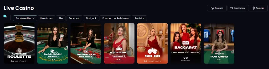 MegaBet Casino live casino overzicht met roulette blackjack en baccarat tafels