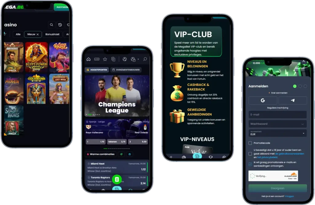 MegaBet Casino mobiele versie met casino sport VIP en registratie schermen