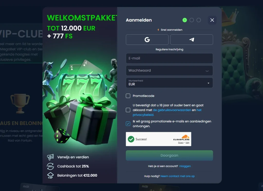 MegaBet Casino registratieformulier met welkomstbonus en aanmeldscherm